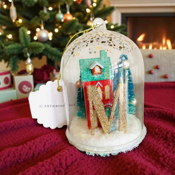 Anthropologie Festive Letter M Snow Globe Ornament Village House and Trees New - Picture 2 of 5